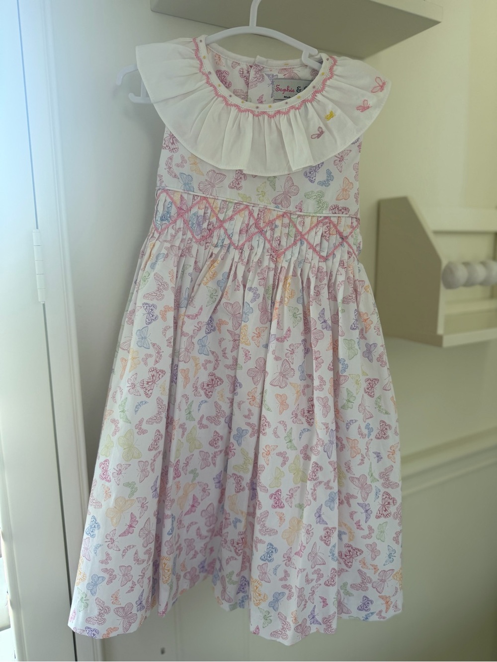 Girls White Butterfly Smocked Dress with Ruffle Collar